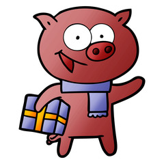 cheerful pig with christmas gift