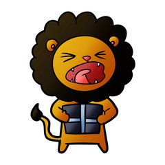 cartoon lion with christmas present
