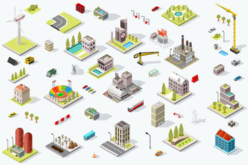 Set of isometric city buildings. Town district landscape with urban infrastructure streets and houses. 3D map vector illustration.