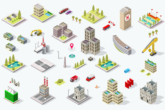 Set of isometric city buildings. Town district landscape with urban infrastructure streets and houses. 3D map vector illustration.
