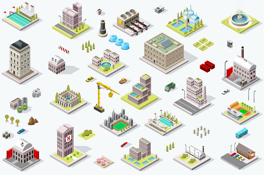 Set of isometric city buildings. Town district landscape with urban infrastructure streets and houses. 3D map vector illustration.