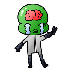 cartoon big brain alien crying and giving peace sign