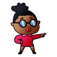 cartoon pointing woman wearing spectacles