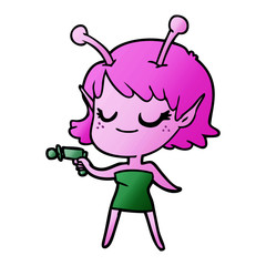 smiling alien girl cartoon pointing ray gun