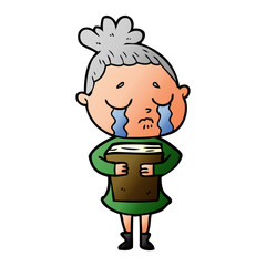 cartoon crying woman holding book