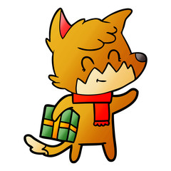 cartoon happy fox with gift