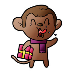 crazy cartoon monkey with christmas present