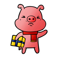 cartoon angry pig with christmas present