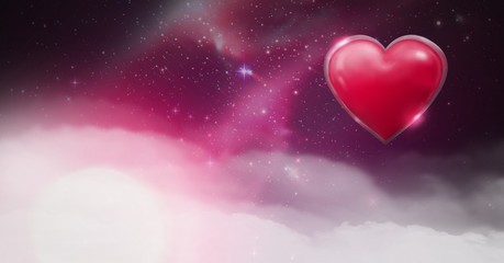 Shiny heart glowing with purple space universe misty background