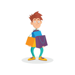 Young man holding lots of paper shopping bags. Cartoon male character with confused face expression. Bad habit. Shopaholic concept. Flat vector illustration