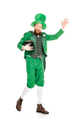 leprechaun waving and holding pot of gold, isolated on white