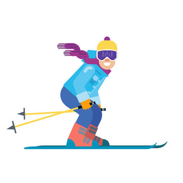 Cartoon skier isolated. Skiing sportsman character in ski suit vector illustration. Smiling man on skis on white background.