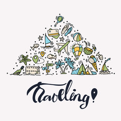 Obraz premium Summer and beach hand draw icon concept. Travel summer icons collection in triangle form with cartoon decorative elements. Coconut, surfing boat, sand, ice cream elements. Happy summer vacation icon