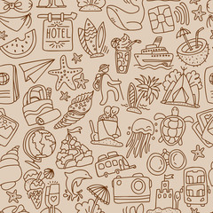 Travel and summer seamless pattern, journey and trip background. Adventure time pattern in hand draw style, vector sketch elements on repeatable pattern