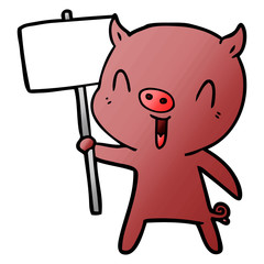 happy cartoon pig with sign post