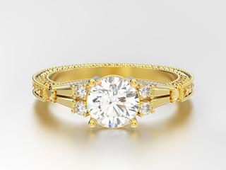 3D illustration yellow gold decorative diamond ring with  ornament