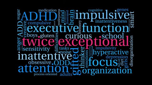 Twice Exceptional ADHD Word Cloud on a Black Background. 