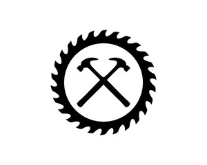 Cross Hammer and Woodworking Tools Saw Blade Circular Sawmill Blades Illustration Symbol Vector
