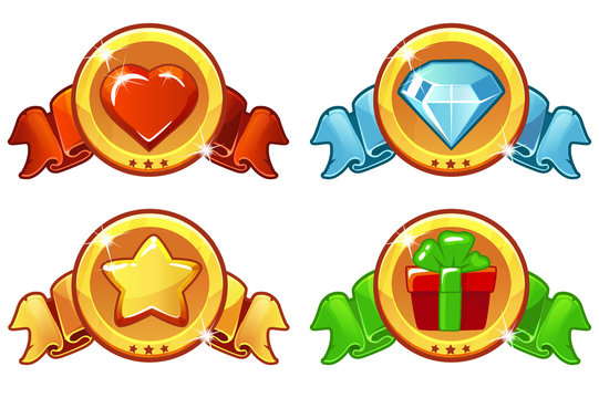Collection cartoon colored icon design for game, UI, banner, design for app, interface, game development. Vector star, heat, gift and diamond icons set