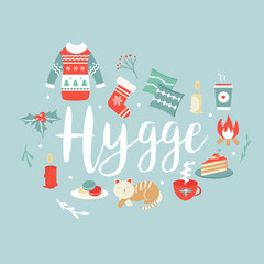 Hygge background with cozy things and elements.