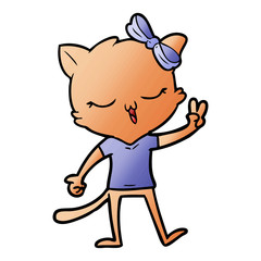 cartoon cat with bow on head giving peace sign