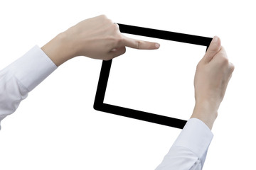 Hand hold digital tablet, cut out on white background