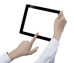 Hand hold digital tablet, cut out on white background
