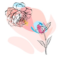 Hand drawn vector abstract creative unusual illustration with graphic peony flower in pastel colors.Hand made drawing textures.Wedding,anniversary,birthday,party invitations,greeting,sign,logo