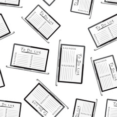 Businessman to do list, checklist with laptop computer seamless pattern background. Business flat vector illustration. Checklist, task list symbol pattern.