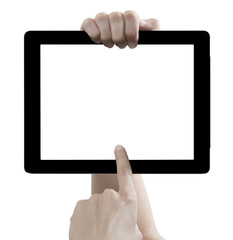 Hand hold digital tablet, cut out on white background