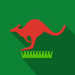 Kangaroo is running on grass. Vector in flat style with shadow