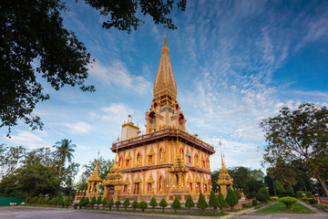 Wat Chalong or Chalong temple the most popular tourist attractions in phuket thailand with sun light .