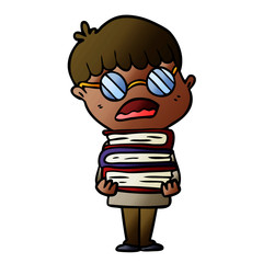 cartoon boy with books wearing spectacles 
