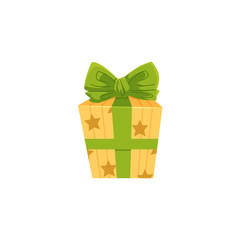 Birthday present, Christmas gift wrapped in yellow paper and tied with green bow, cartoon vector illustration isolated on white background. Birthday, Christmas present, gift in yellow box