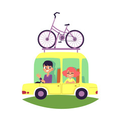 Couple, family travelling by car with bicycle fastened on top, cartoon vector illustration isolated on white background. Happy smiling couple, family on a car trip with bicycle mounted on top, roof
