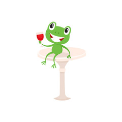 Funny little green frog sitting on a bar chair with glass of French red wine, cartoon vector illustration isolated on white background. Symbols of France, French culture - frog and red wine