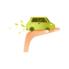 vector flat businessman opened hand palm keeping green ecological electric car vehicle exhausting green leaves. isolated illustration on a white background.