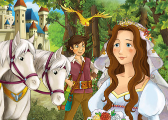 Obraz na płótnie Canvas cartoon scene with happy couple in the forest near the castle on a horse trip - illustration for children