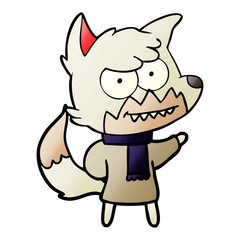cartoon grinning fox in winter clothes