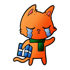 crying cartoon cat holding christmas present
