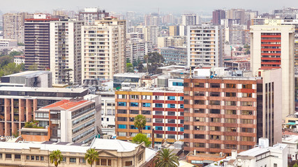Santiago de Chile downtown covered by smog, Chile.