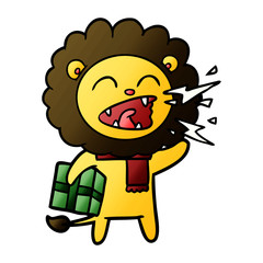 cartoon roaring lion with present