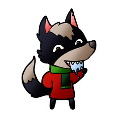 cartoon hungry wolf in winter clothes