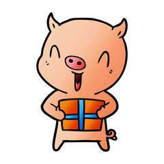 happy cartoon pig with xmas present