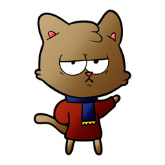 bored cartoon cat in winter clothes