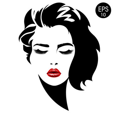 Woman face. Vector fashion portrait of pretty girl with red lips.