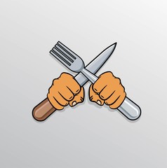 Hands holding up a knife and fork