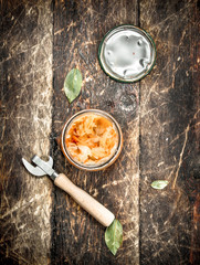 Marinated cabbage in glass jar.