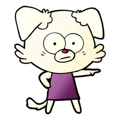nervous cartoon dog in dress pointing
