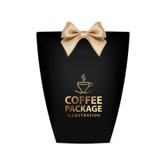 Coffee Gift Box template. Vector realistic black package mockup with gold bow